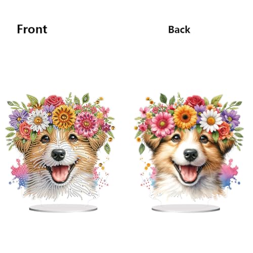 5D Tabletop Diamond Art Kit Flower Puppy, Stand Up Special Shaped Crystal Diamond Art Tabletop Kit for Adults, DIY Desktop Gem Painting Craft Desk Kit, Double Sided, Box Package (Pink) - color: Flower Puppy (Pink)