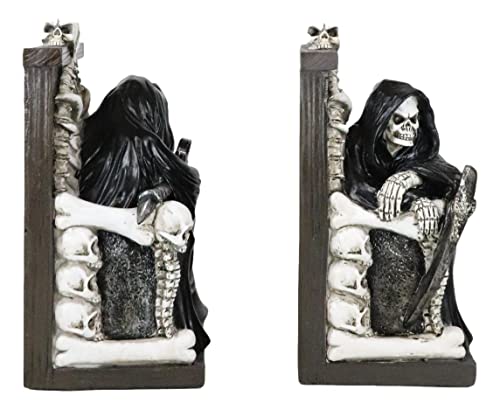 Ebros Gift Gothic Grim Reaper Dark Lord Sitting On Skulls and Skeleton Bones Thrones Pair of Bookends Statue 7" Tall Bibliography Macabre Ossuary Figurine As Halloween Decor