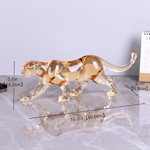16" L Acrylic Cheetah Statue, Crystal Glass Finish Leopard Figurine, Gold Clear Jaguar Sculpture for Home Or Office Cool Decor, Large Luxury Panther Desk Animal Art African Statues