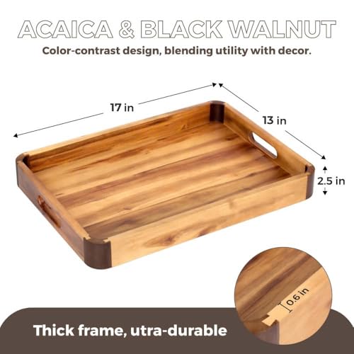 17 x 13 Inch Acacia Wood Serving Tray with Handles, Decorative Wooden Tray Featuring Dark Walnut-Tone Curved Corner Accents for Coffee Table, Ottoman & Kitchen Counter... - color: Tray 17"x13"x2.5"