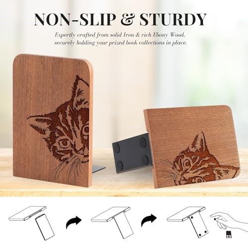 Cat Bookends, Cat Lover Gifts for Women Men, Novelty Book Ends Unique, Heavy Duty Wooden Bookends for Shelves Decorative(1 Pair, 4.72x6.69 Inches) - Peek - color: Peek