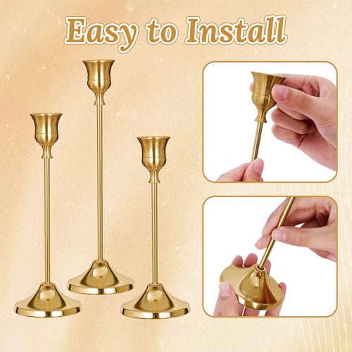 Candlestick Holders, 6 PCS Brass Gold Metal Taper Candle Holder with Adhesive Wax fits 3/4 Inch Long Candles, Vintage Modern Candle Holders for Table Mantel Wedding Housewarming Gift