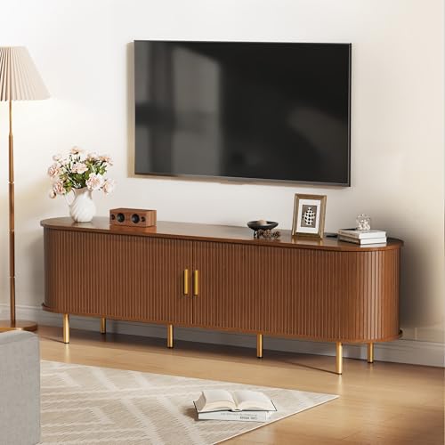 DHH 70.8 Inch Mid Century Modern TV Stand with Power Outlet for TVs up to 80 Inch, Entertainment Center with Storage and Adjustable Shelves, Media Console with Sliding Doors for Living Room(Walnut) - color: Walnut, size: 71 Inch