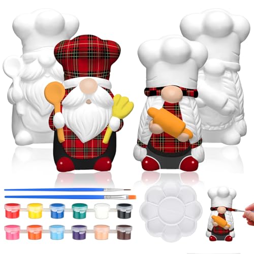 Seenelling 2 Pack Chef Gnome Ready to Paint Your Own Statues 4'' DIY Unpainted Ceramics Figurines Kit Blank Paintable Ceramics Art and Crafts Decorations - style: Chef Gnome