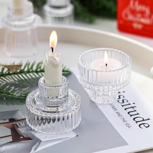 Ribbed Glass Candlestick Holders 6PCS Clear Candle Stick Holders for Tealight Taper Candles Dining Table Centerpieces Holiday Decoration - color: Clear