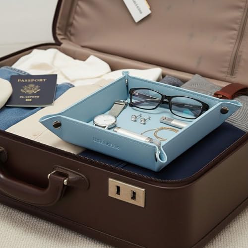UnionBasic Small Jewelry Tray for Rings Watches Earrings, Entryway Catchall Caddy for Coins Keys Change, Nightstand Bedside Valet Holder, Trays for Electronic Gadgets, Lychee Pale Blue - color: Lychee Pale Blue, size: 5.4" x 5.4" x 1.6"