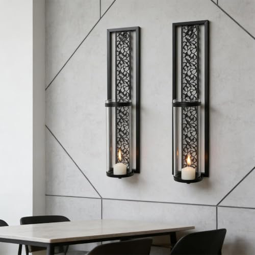 Wall Candle Holder,2PCS Vintage Hollowed Metal Sconce with Glass Cover,Walls Mount Iron Wall Art Candleholder Sets,Ramadan Walls Decorations for Living Room Farmhouse Fireplace Wedding - color: Black