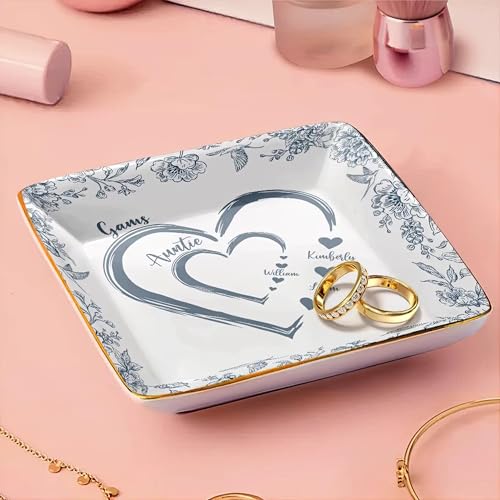Personalized Chinoiserie Floral Jewelry Dish Ceramic Ring Holder Square Trinket Tray Custom Grandparent Mother Birthday Present We Love You Heart Shaped Toile Mother’s Day Keepsake With Names - color: Design 03