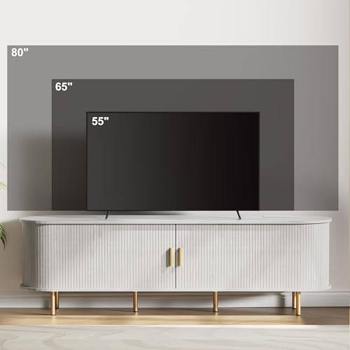 DHH 70.8 Inch Mid Century Modern TV Stand with Power Outlet for TVs up to 80 Inch, Entertainment Center with Storage and Adjustable Shelves, Media Console with Sliding Doors for Living Room(White) - color: White, size: 71 Inch