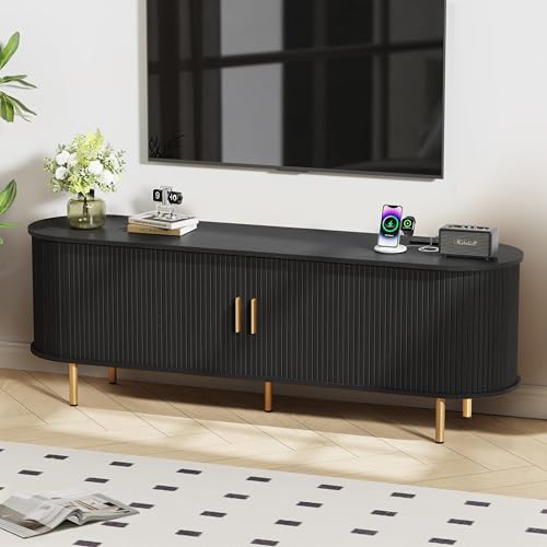 DHH 63 Inch Mid Century Modern TV Stand with Power Outlet for TVs up to 70 Inch, Entertainment Center with Storage and Adjustable Shelves, Media Console with Sliding Doors for Living Room(Black) - color: Black, size: 63 Inch