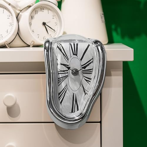 Melting Shelf Clock Art Decor - Salvador Dali Surreal Dripping, 8x4 in Bright Silver Polished Shelf & Desk Gift - color: Silver