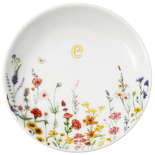 Crisky Initial Jewelry Tray Ring Dish & Gift Box, Ceramic Flower Trinket Dish for Rings Earrings Necklaces Keys, Bridal Shower Engagement Birthday Gift for Women, Friends 4.57" (Gold Foil E - style: Initial E