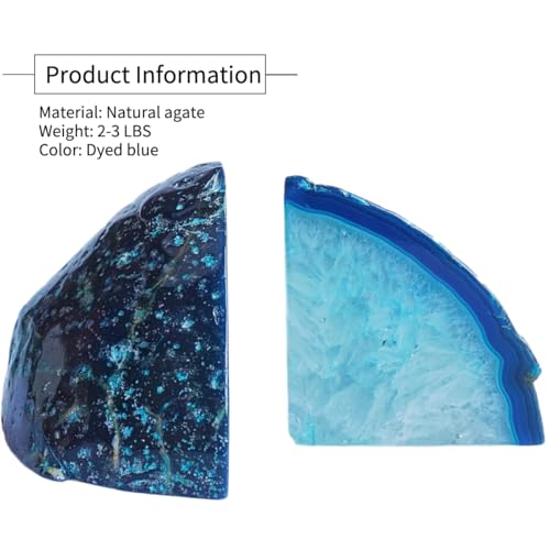 Natural Agate Bookends Pair - Vibrant Dyed Blue Geode Design, 2-3 lbs Heavy Duty Non-Slip Crystal Bookends for Shelves | Home Office Decor - color: Blue, size: 2-3LBS