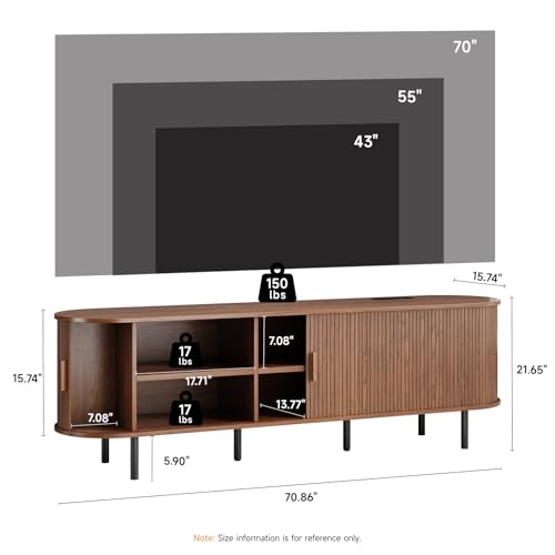 70.8" TV Stand with Power Outlet, Mid-Century Modern Television Stand, Fluted Media Console with Sliding Doors, Entertainment Center for TVs up to 60 Inch, Adjustable Shelves, Walnut - color: Walnut, size: 70.8 Inch