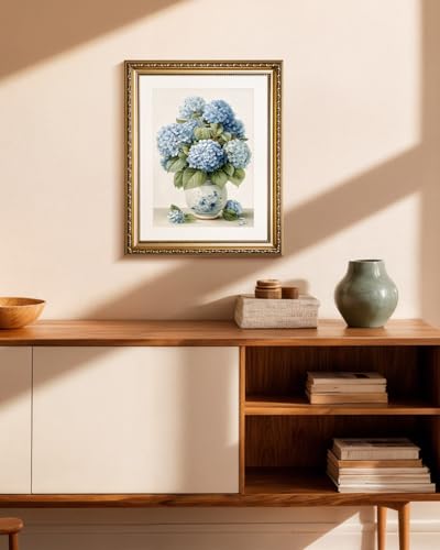 Vintage Blue Hydrangea Wall Art 13x16 Inch Botanical Print, Embossed Gold Framed Traditional Floral Canvas Painting, Classic Flower Vase Artwork Living Room Bedroom Dining Room Entryway Décor - color: Hydrangea, size: 16"L x 13"W