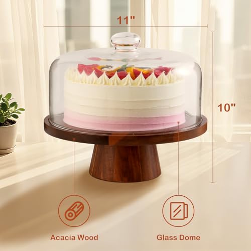 Acacia Wood Cake Stand with Glass Lid – 12" Magnetic Base, Detachable Serving Tray for Cake, Cheese, Charcuterie, Snacks & Desserts – Wooden Cake Holder for Parties & Kitchen Display