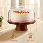 Acacia Wood Cake Stand with Glass Lid – 12" Magnetic Base, Detachable Serving Tray for Cake, Cheese, Charcuterie, Snacks & Desserts – Wooden Cake Holder for Parties & Kitchen Display