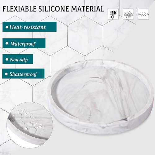 Silicone Bathroom Tray Round Vanity Tray Decorative Soap Holder Kitchen Countertop Organizer Coffee Table Decor for Candle, Perfume, Plant, 11 Inch, Marble Grey - color: Marble Grey, size: 11"