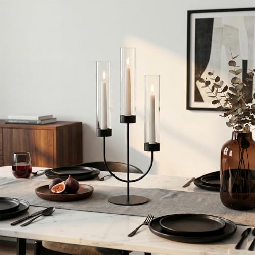 Sziqiqi Black Candelabra Candle Holder: 3 Arm Candlesticks Holder Decor with Glass Hurricane for Dining Table Centerpiece - Metal Candelabra for Halloween Outdoor Dinner Fireplace - color: Black
