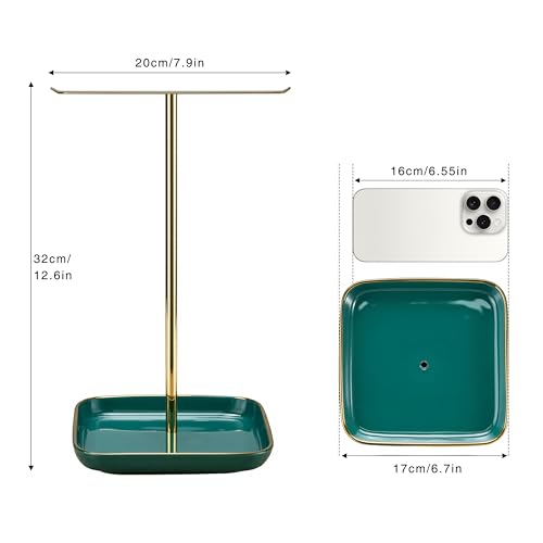 Jewelry Holder Stand with Ceramic Base: 12" Tall Necklace Organizer Rack, Tree Design Display Storage for Necklaces, Bracelets, Rings, Earrings, Aesthetic Room Décor for Girls and Women, Green - color: Green, size: 6.7" base