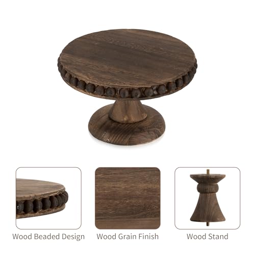 Hanobe Small Wood Cake Stand: Cupcake Pedestal Stand 8 inch Dessert Display Riser Distressed Rustic Round Cakes Holder Tray Vintage Beads Wooden Plate for Wedding Birthday Decor