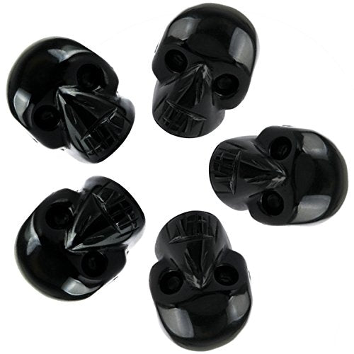 mookaitedecor 1 Inch Black Obsidian Crystal Skull Sculpture Set of 5, Hand Carved Gemstone Statue Figurine Collectible Healing Reiki - color: Black