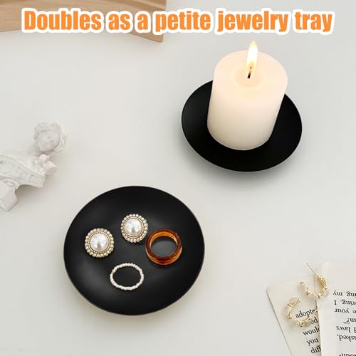 2-Pack Black Iron Candle Holders & Plates – 4.3" Elegant Stand for Taper, LED, Wax Candles, Incense, Weddings, Dining & Decor