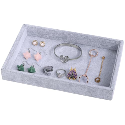 Mornajina 9" x 5.7" Velvet Jewelry Tray Jewelry Display Tray, Stackable Empty Plate Trays for Earrings Necklaces Bracelet Rings Display Showcase - Grey - color: Grey, size: Flat Tray 9"x5.7"