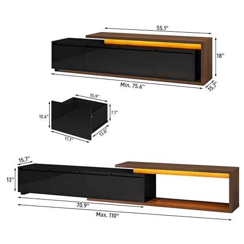 Extendable TV Stand with LED Light, Modern Entertainment Center for up to 120 Inch TV, Wood TV Media Console with 2 Drawers & 2 Cabinets for Living Room Bedroom, 75"-110", High Gloss Black & Walnut - color: High Gloss Black & Walnut