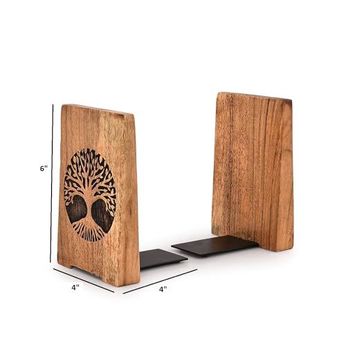 EDHAS Decorative Bookends Iron & Acacia Wood Decorative Bookshelf Book Ends Heavy Duty Bookends Desktop Organize Books (4" X 4" X 6"), (Set of 2)