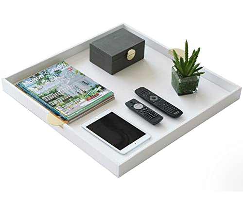 HofferRuffer Extra Large Square Serving Tray, Elegant Faux Leather Ottoman Tray with Gold Hardware Handles, Serve Tea, Coffee or Breakfast in Bed, 23.6 x 23.6 inches, White Large Square - color: White, size: 23.6" x 23.6" x 2"