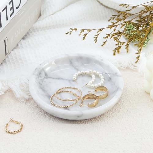 Small Natural Marble Jewelry Tray Key Plate Holder Dish Trinket Decor Catch All Bowl for Ring Earring Stone Gift for Women Daugther,Bianco Carrara White,5.5" - color: Bianco Carrara White