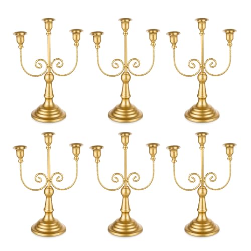 Romadedi Candelabra Gold Candle Holders - 3 Arm 11.8" Wedding Candlestick Holder for Theme Party Table Centerpiece Decor Dining Room Birthday Holiday Christmas, Set of 6 - color: Gold-3 Arm, size: 6pcs