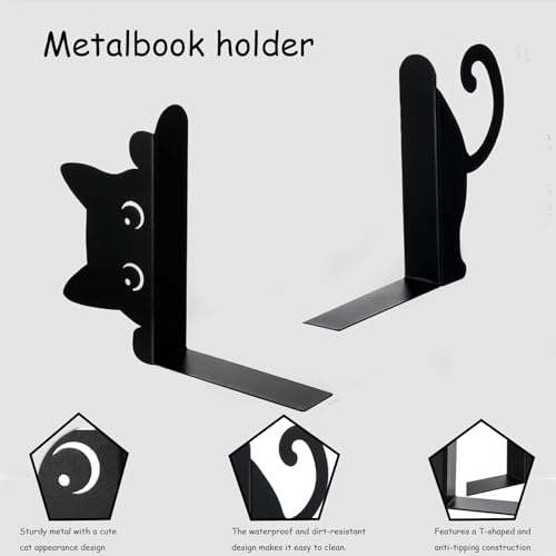 Peeping Cat Black Metal Bookends，Book Ends for Shelves Decorative，Cute Book Stopper for Office Home Desk Bookshelf Decor，cat Decor for cat Lovers