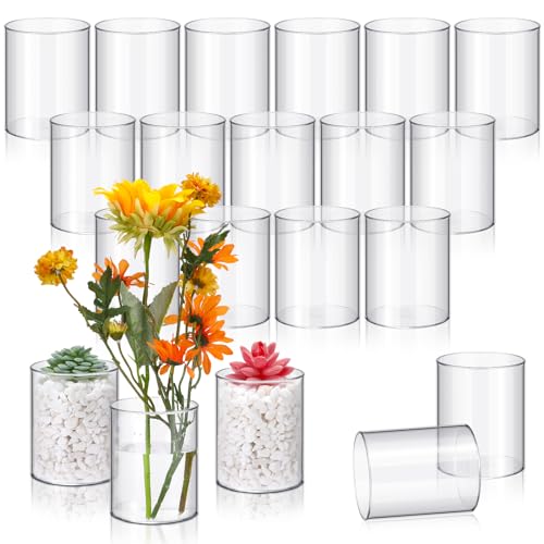 Vesici 20 Pcs Plastic Cylinder Vase Acrylic Cylinder Vase Bulk Small Clear Flower Container Hurricane Candle Holder Round Wide Container Centerpiece for Home Office Wedding Decorations (4 Inch) - size: 4 Inch