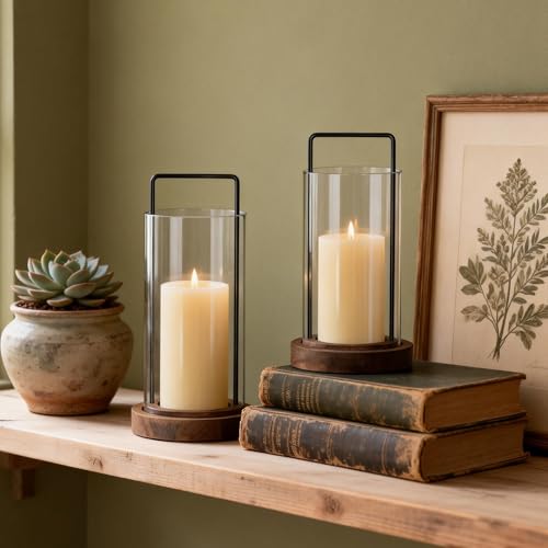 Houmury Set of 2 Brown Hurricane Candle Holders Lantern 12” & 10”with Wood Base Metal Handle Glass Cylinder Modern Farmhouse Decor for Home Decor, Table Centerpieces (Brown) - color: Brown