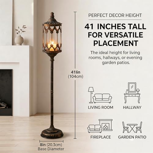 Vintage Floor Candelabra - 41" Tall Antique Gold Candle Holder with Glass Lantern, Rustic Gothic Metal Pillar Stand for Home Decor, Wedding & Event Centerpiece