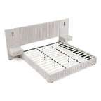 Luxury Queen Size Bed Frame with Oversized Upholstered Headboard, Modern Chenille Upholstered Platform Bed Frame with Gold LED Lights, Nightstands, No Box Spring Needed, Beige - color: Beige, size: Queen