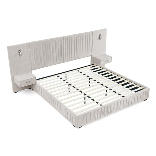 Luxury Queen Size Bed Frame with Oversized Upholstered Headboard, Modern Chenille Upholstered Platform Bed Frame with Gold LED Lights, Nightstands, No Box Spring Needed, Beige - color: Beige, size: Queen