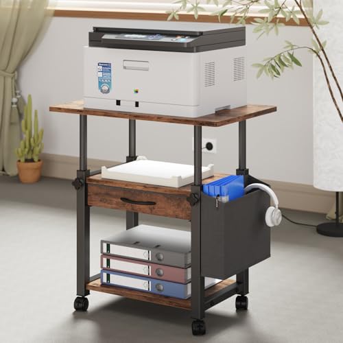 YAOHUOO Large Printer Stand with Storage Drawer and Side Bag, 3-Tier Height Adjustable Table for Home Office, Fits Heat Press/Laser/3D Printer (Rustic Brown) - color: Rustic Brown, size: 3-Tier