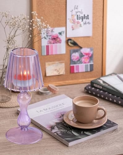 Gurfuy Desk Lamp Shaped Glass Candle Holder - Glass Hurricane Candleholder Crystal Decorative Candle Stand for Table Wedding Dinning Centerpieces Party Supplies Decor Purple - color: Purple