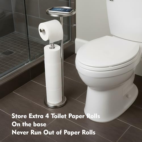 Toilet Paper Holder with Shelf, Tissue Roll Holder Stand with Storage Space for Holding Extra 4 Toilet Paper Rolls, Stainless Steel Rustproof Freestanding (Brushed Nickel) - color: Brushed Nickel