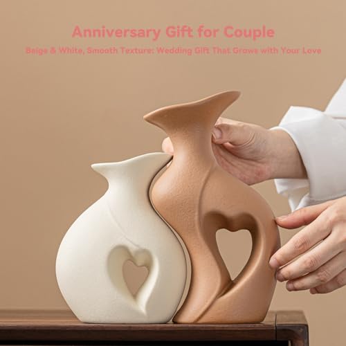 Heart Linked Couple Vase Set - 2-Pcs Beige & Brown Ceramic Vases with Hollow Heart Design, Romantic Gifts for Couples, Wedding Decor for Couple,Decorative Vase for Living Room/Dresser - color: Heart Linked Couple