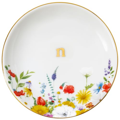 Crisky Flower Jewelry Tray Ring Dish & Gift Box, Ceramic Trinket Dish for Rings Earrings Necklaces Keys, Bridal Shower Engagement Birthday Gift for Women, Friends 4.57" (Gold Foil N - style: Initial N