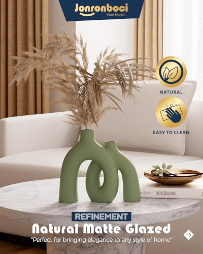 Hug Donut Decorative Vase Set - Sage Green Modern Nordic Boho Style Vases Home Decor,Matte Ceramic Decorations for Living Room Shelf, Bookshelf Mantle Entryway Table or Console Décor(Green) - color: Green