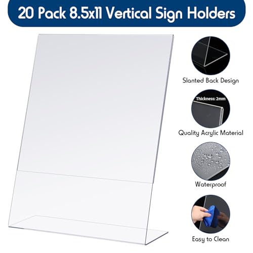 Jetec 30 Packs 8.5 x 11 Acrylic Sign Holder Clear Plastic Frames Acrylic Display Stands Vertical Slanted Back for Displaying Signs and Menus
