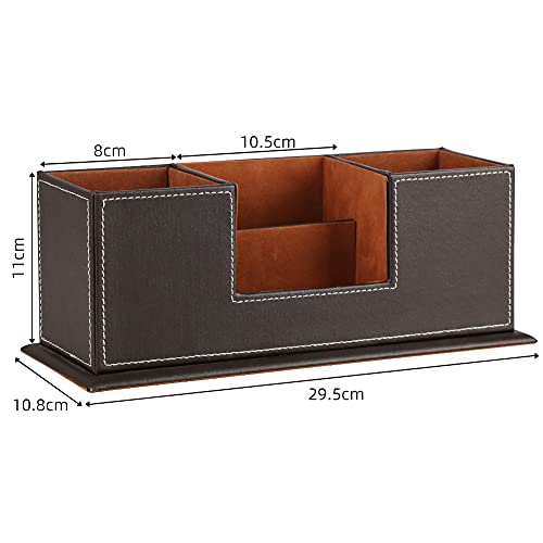 KINGFOM™ Double Holder Wood Leather Multi-Function Desk Stationery Organizer Dark Brown - color: Brown-l