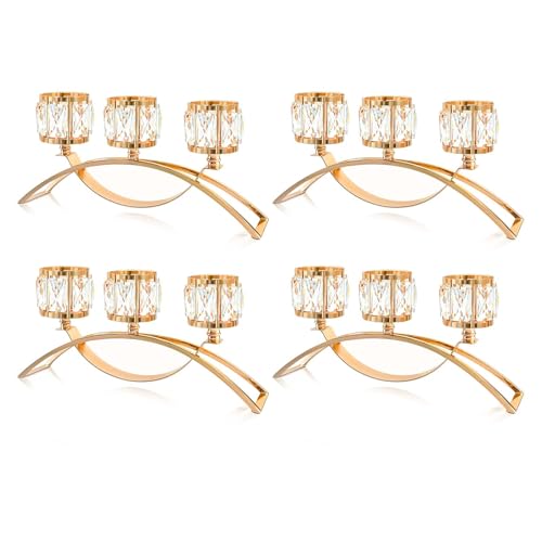 4 Pcs 3-Arm Crystal Tealight Candle Holders, Elegant Metal Arch Candlestick Centerpiece for Wedding, Party, Dining Room Table Decorations, Anniversary (4, Gold-3 Arm) - size: Gold-3 Arm