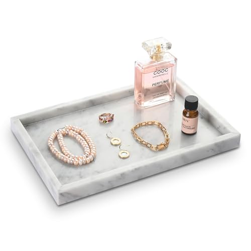 Large Bathroom Vanity Tray, Real Natural Marble Tray 12 inch, Carrara White Stone Toilet Tank Trays, Modern Dresser Trays, Countertop Organizer for Kitchen Counter, Soap Dispenser - color: Carrara White 12-in Rect