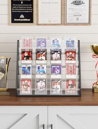 NiHome Pine Wood and Acrylic Trading Card Display Stand, 4-Tier Stepped Holder Compatible with PSA CGC BGS Graded Slabs or 35PT Cards, Stackable Tool-Free Card Organizer for Desk and Shelf